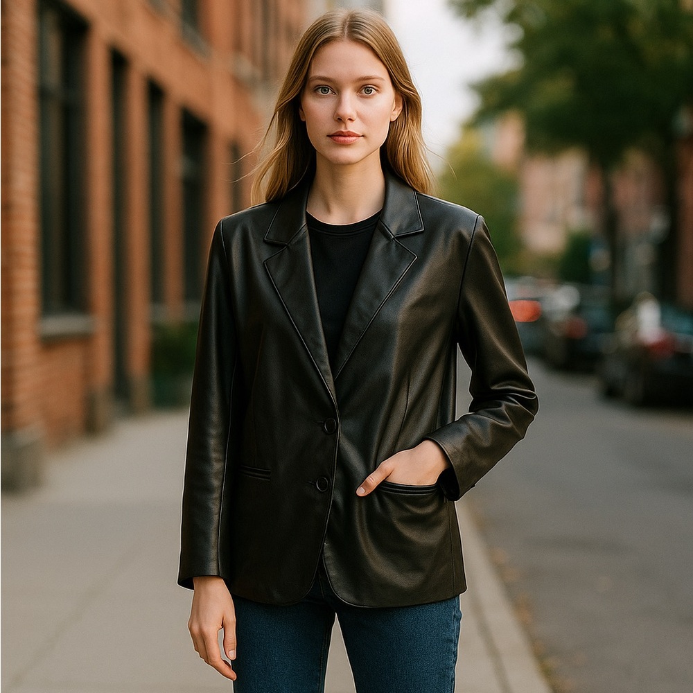 NWT BCBGENERATION Faux Leather Boyfriend Blazer In Dark Olive